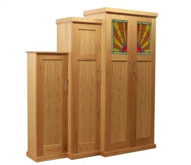 new Art Deco Skyscraper style stepped breakfront 4 door oak bedroom wardrobes with stained glass panels