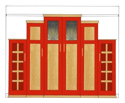 new Art Deco Skyscraper style stepped breakfront 6 door bedroom wardrobes painted & wood with stained glass panels furniture