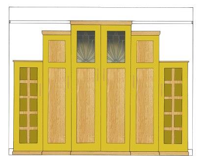new Art Deco Skyscraper style stepped breakfront 6 door bedroom wardrobes painted & wood with stained glass panels furniture
