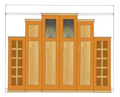 new Art Deco Skyscraper style stepped breakfront 6 door bedroom wardrobes painted & wood with stained glass panels furniture