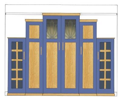 new Art Deco Skyscraper style stepped breakfront 6 door bedroom wardrobes painted & wood with stained glass panels furniture