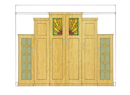new Art Deco Skyscraper style stepped breakfront 6 door oak bedroom wardrobes with stained glass panels furniture