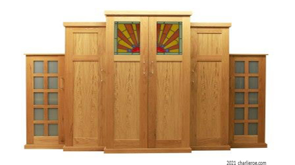 new Art Deco Skyscraper style stepped breakfront 6 door oak bedroom wardrobes with stained glass panels furniture