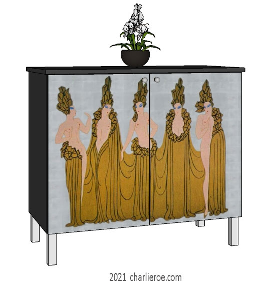 new Art Deco 2 door sideboard or cupboard with painted Erte inspired decorative designs of women on a coloured background
