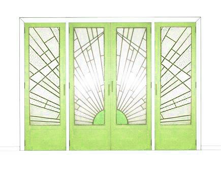 Art Deco bedroom built-in 4 door wardrobes with stained glass panels furniture in lime green finish