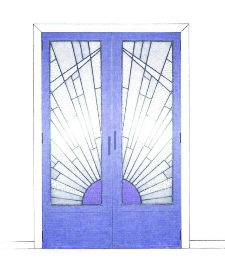 Art Deco bedroom built-in 2 door wardrobes with stained glass panels furniture in blue finish