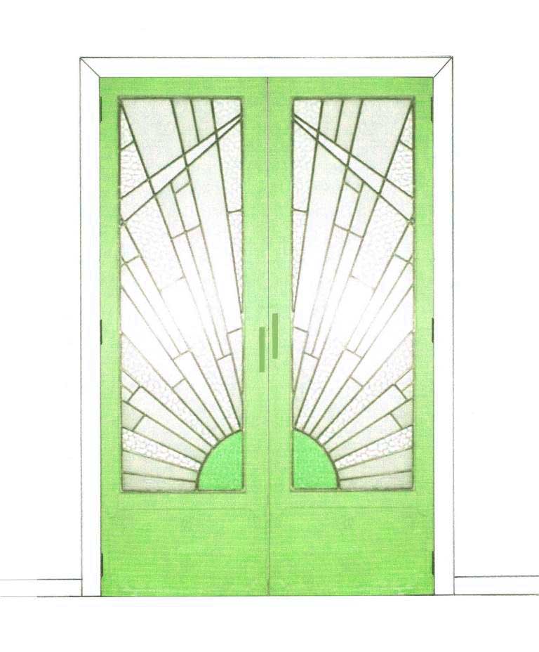 Art Deco bedroom built-in 2 door wardrobes with stained glass panels furniture in lime green finish