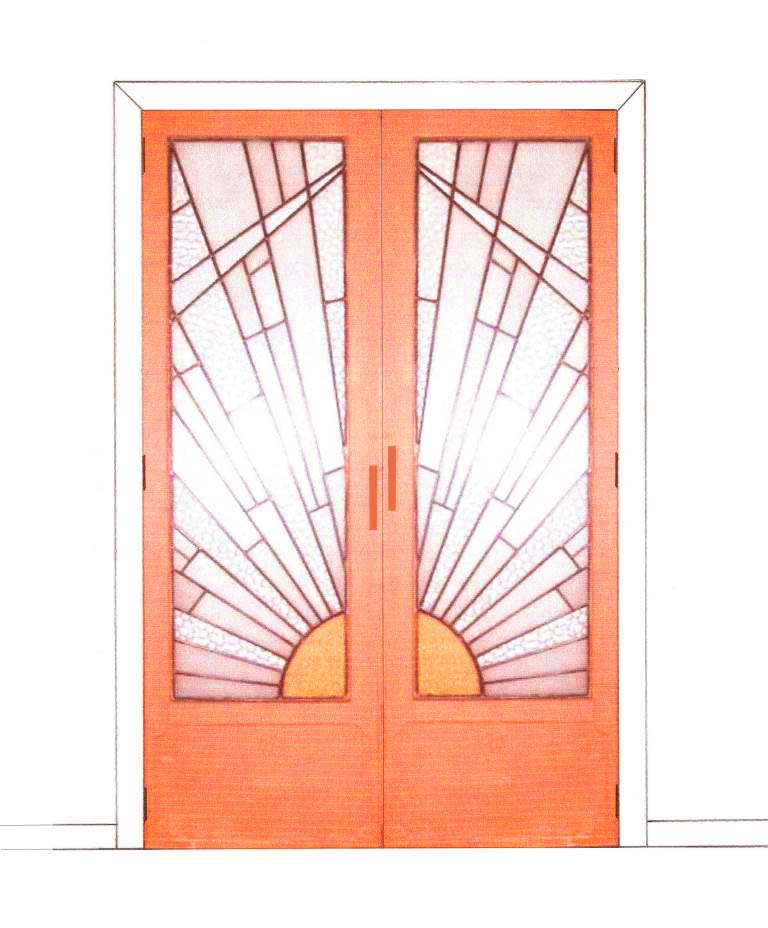 Art Deco bedroom built-in 2 door wardrobes with stained glass panels furniture in orange finish