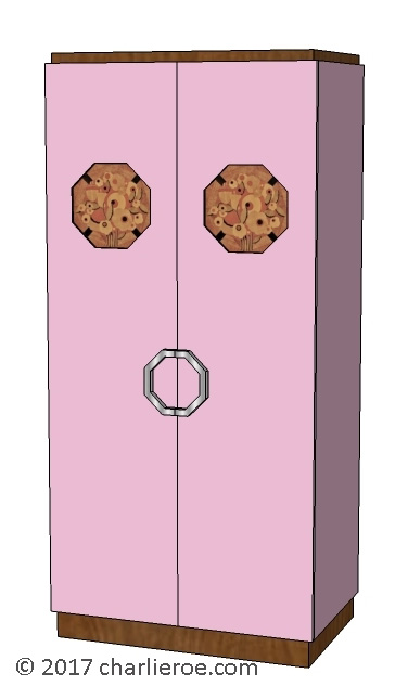 New Art Deco 2 door wardrobe lacquered painted with veneered marquetry panels & handles