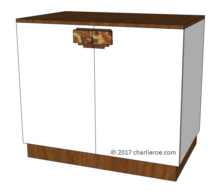 New Art Deco 2 door sideboard cupboard lacquered painted with veneered marquetry panels & handles