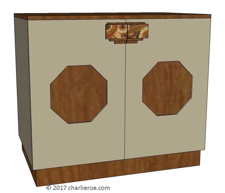 New Art Deco 2 door sideboard cupboard lacquered painted with veneered marquetry panels & handles