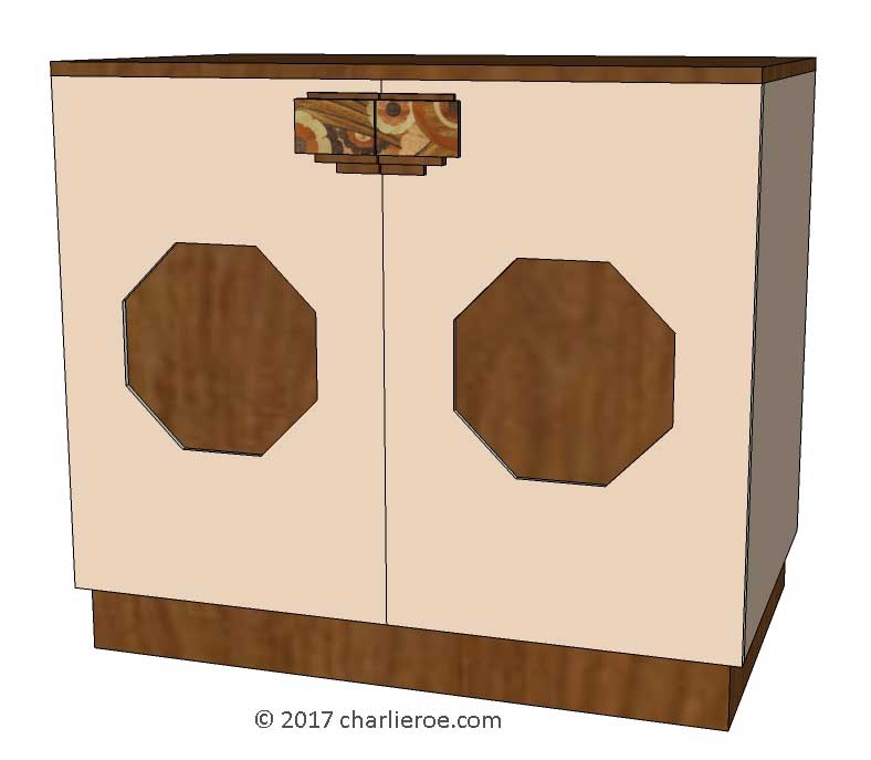 New Art Deco 2 door sideboard cupboard lacquered painted with veneered marquetry panels & handles