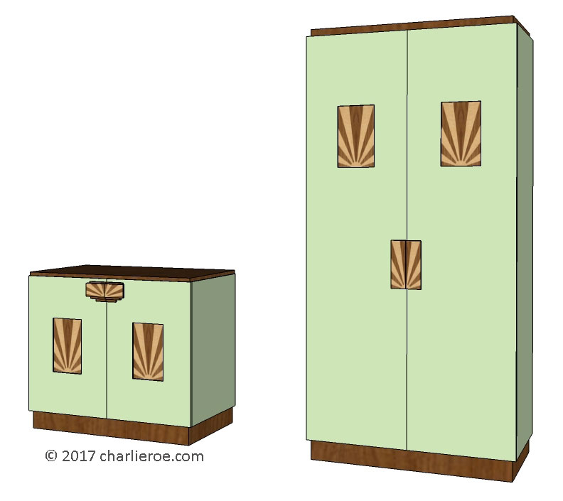 New Art Deco 2 door wardrobe lacquered painted in KEM WEber colours, with veneered marquetry panels & handles