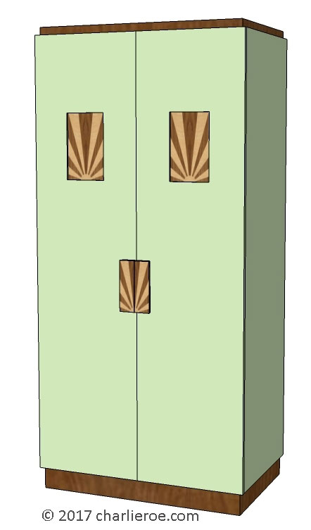 New Art Deco 2 door wardrobe lacquered painted in KEM Weber colours, with veneered marquetry panels & handles