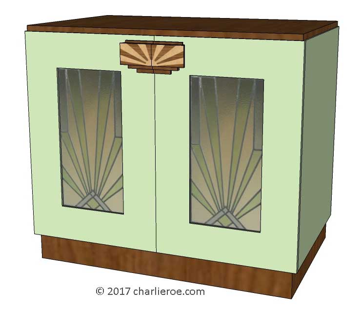 New Art Deco 2 door cabinet, cupboard, bar or sideboard & wardrobe lacquered painted in KEM Weber colours with veneered marquetry panels & handles