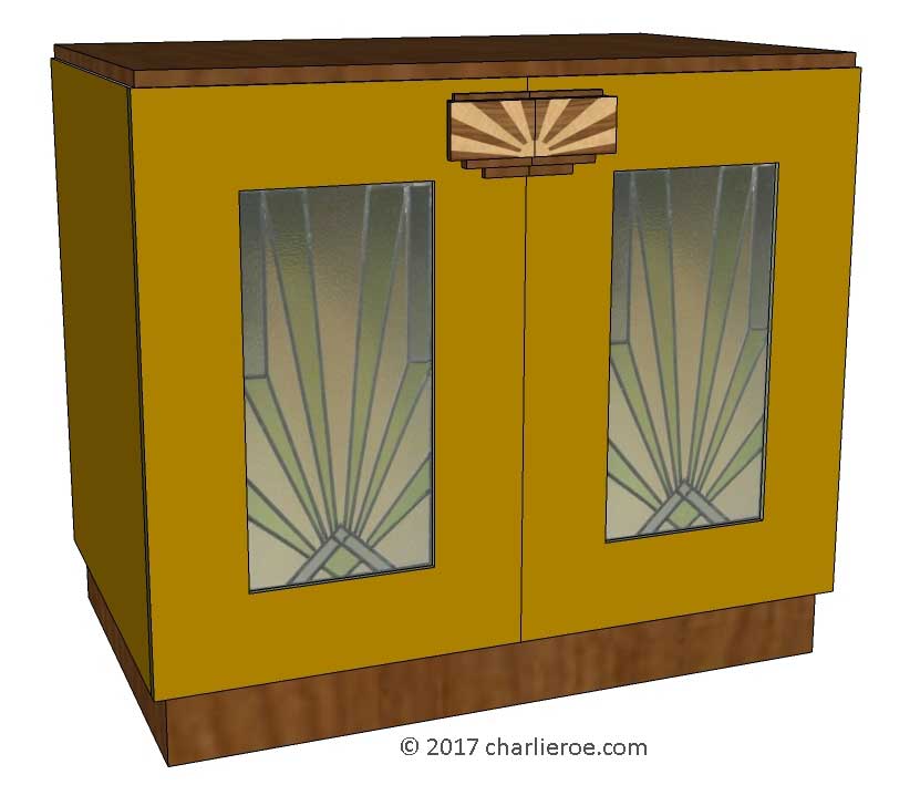 New Art Deco 2 door cabinet, cupboard, bar or sideboard & wardrobe lacquered painted with veneered marquetry panels & handles