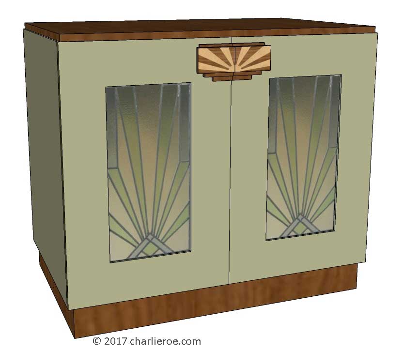 New Art Deco 2 door cabinet, cupboard, bar or sideboard & wardrobe lacquered painted with veneered marquetry panels & handles