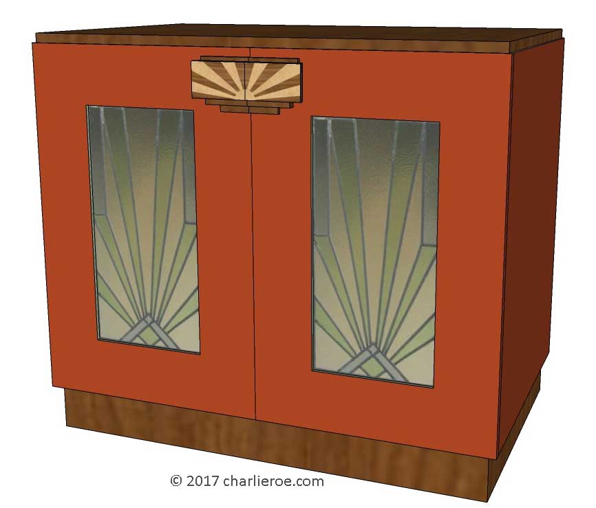 New Art Deco 2 door cabinet, cupboard, bar or sideboard & wardrobe lacquered painted in KEM Weber colours with veneered marquetry panels & handles