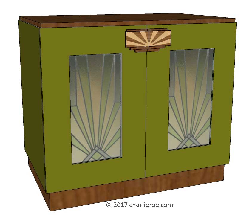 New Art Deco 2 door cabinet, cupboard, bar or sideboard & wardrobe lacquered painted with veneered marquetry panels & handles
