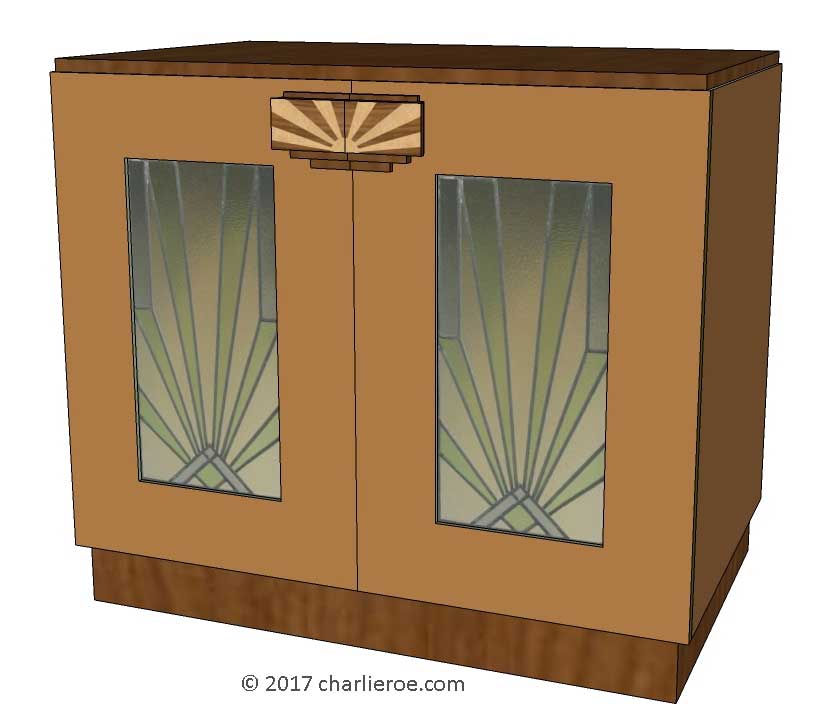 New Art Deco 2 door cabinet, cupboard, bar or sideboard & wardrobe lacquered painted in KEM Weber colours with veneered marquetry panels & handles