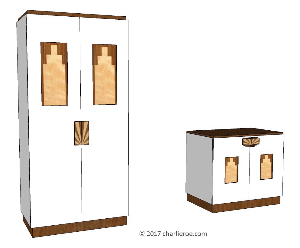 New Art Deco 2 door wardrobe & cupboard with skyscraper style stepped marquetry veneer door panels