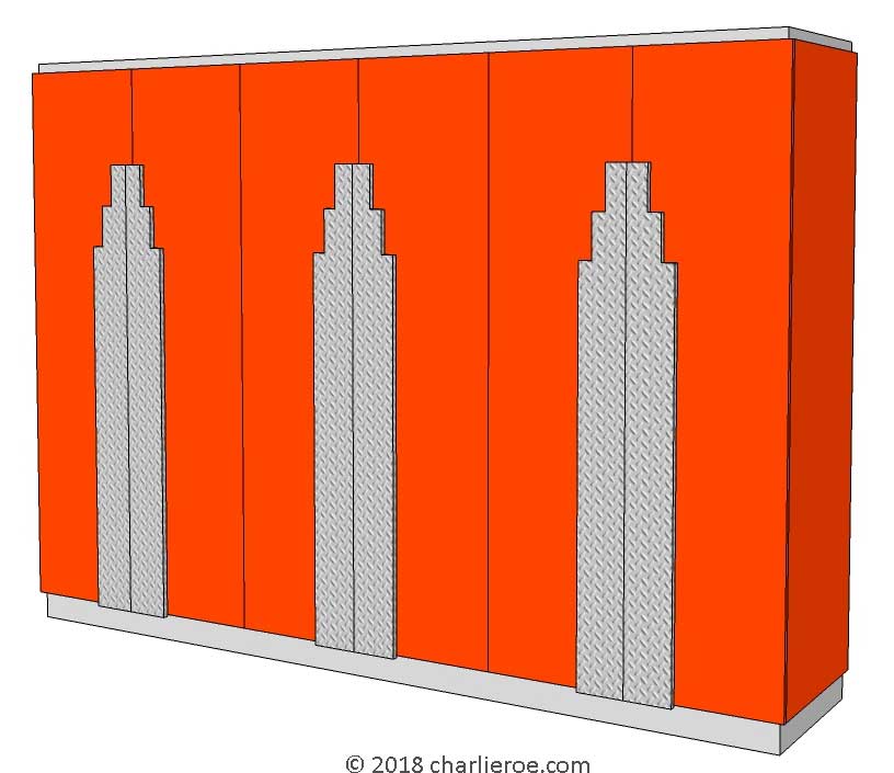 New Art Deco 6 door wardrobe with red lacquered robe and aluminum treadplate skyscraper style door handles