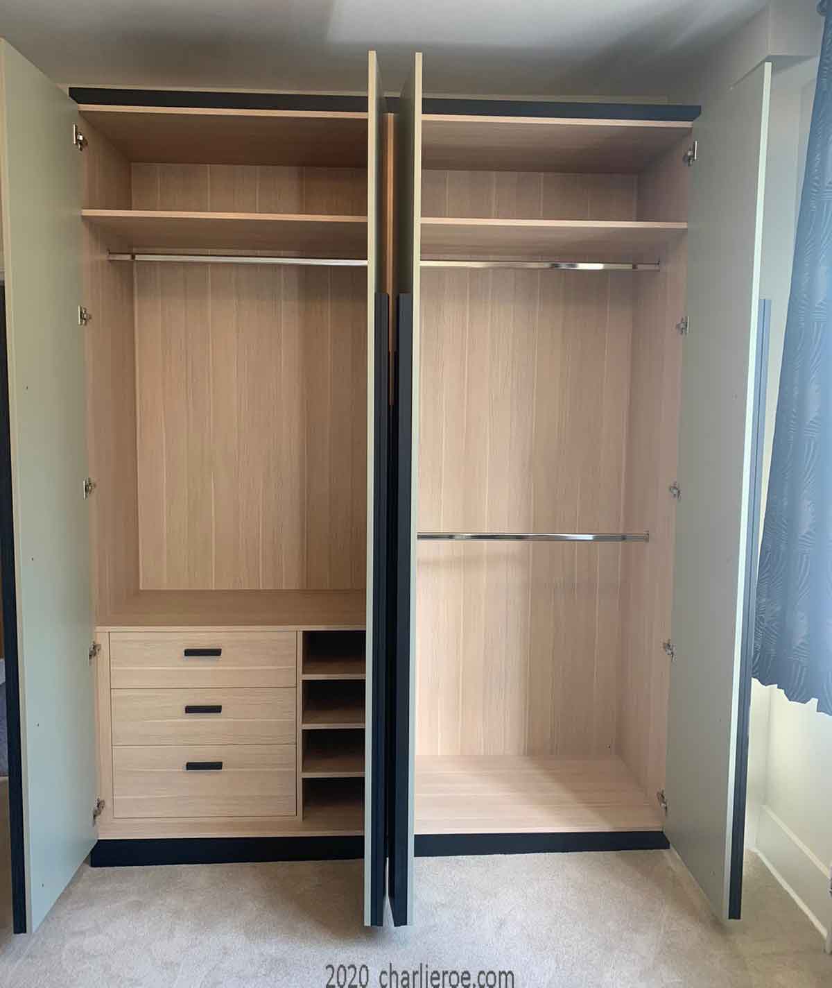 New double wardrobe with double hanging rails, shelves, chest of drawers