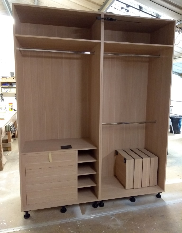 New double wardrobe with double hanging rails, shelves, chest of drawers