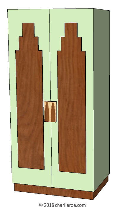 New Art Deco 2 & 4 door wardrobes with Skyscraper style door panels and matching marquetry veneered handles