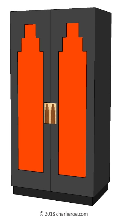 New Art Deco 2 & 4 door lacquered wardrobes with Skyscraper style door panels and matching marquetry veneered handles