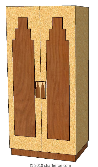 New Art Deco 2 & 4 door lacquered wardrobes with Skyscraper style door panels and matching marquetry veneered handles