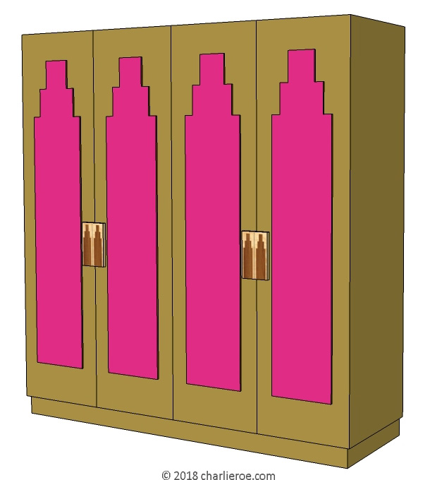 New Art Deco 2 & 4 door lacquered wardrobes with Skyscraper style door panels and matching marquetry veneered handles
