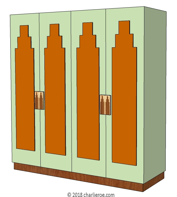 New Art Deco 2 & 4 door lacquered wardrobes with Skyscraper style door panels and matching marquetry veneered handles