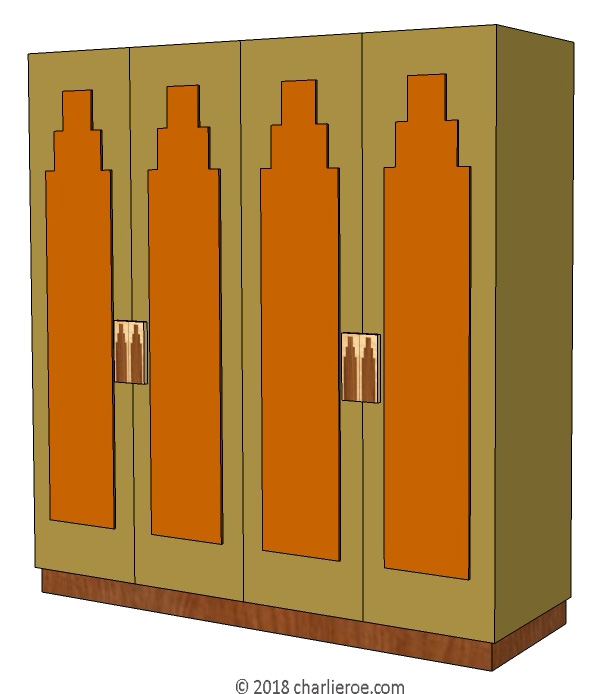 New Art Deco 2 & 4 door lacquered wardrobes with Skyscraper style door panels and matching marquetry veneered handles