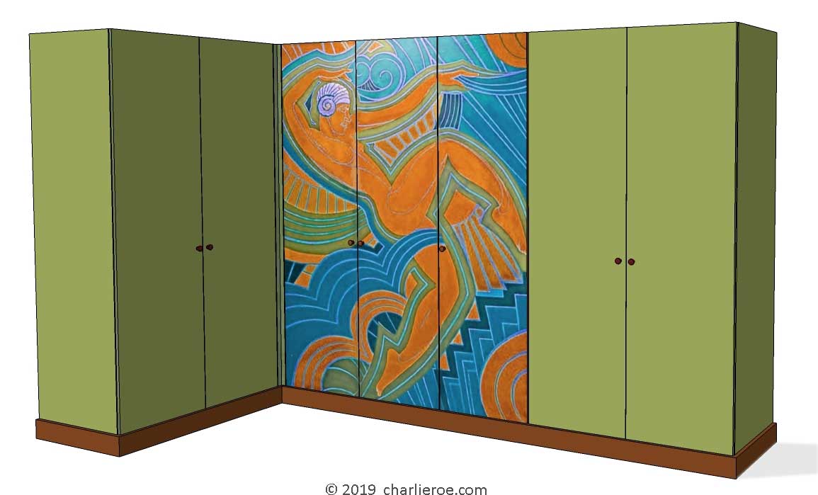 new Art Deco 7 door bedroom L shape corner wardrobes painted with a Josephine Baker Cubist design