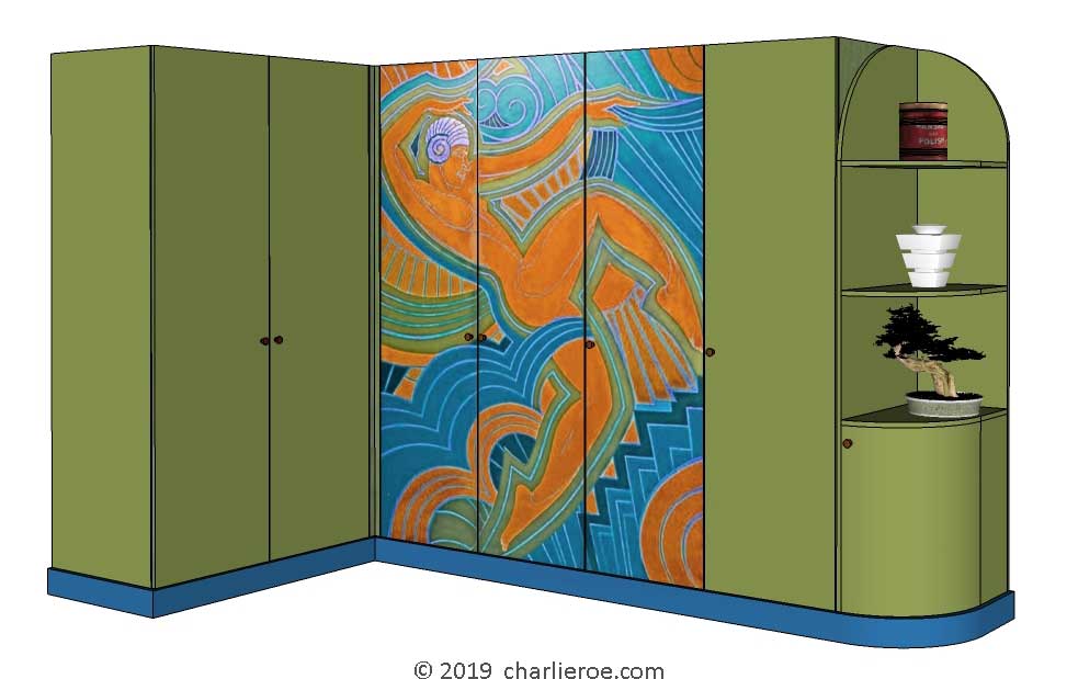 new Art Deco 7 door bedroom L shape corner wardrobes painted with a Josephine Baker Cubist design