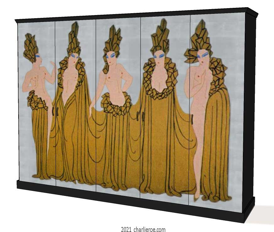 new Art Deco 5 door wardrobes with Erte inspired painted door panels on a gold leaf background
