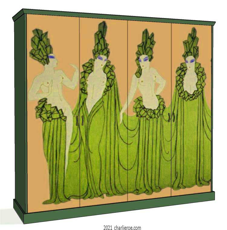 new Art Deco 4 door fitted bedroom wardrobes painted with Erte inspired decorative designs of women on a coloured background