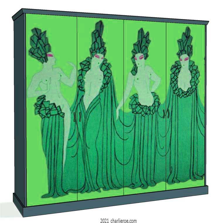 new Art Deco 4 door fitted bedroom wardrobes painted with Erte inspired decorative designs of women on a coloured background