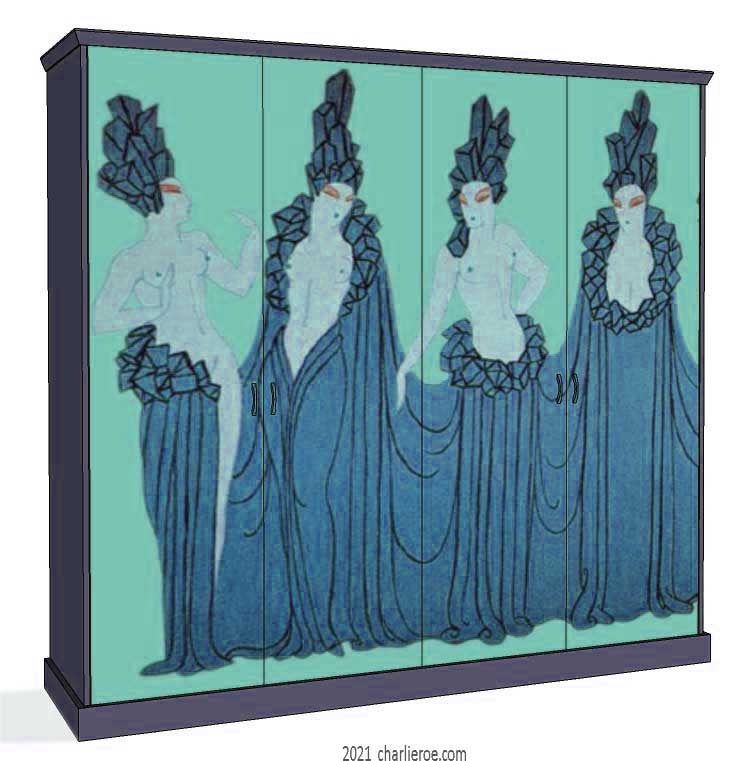 new Art Deco 4 door fitted bedroom wardrobes painted with Erte inspired decorative designs of women on a coloured background