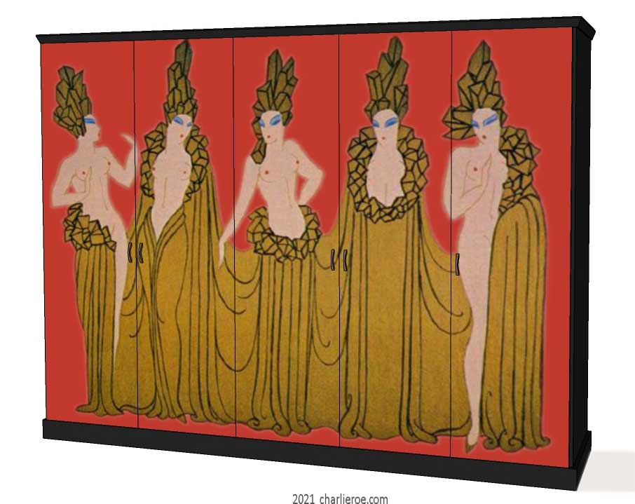 new Art Deco 5 door fitted bedroom wardrobes painted with Erte inspired decorative designs of women on a coloured background