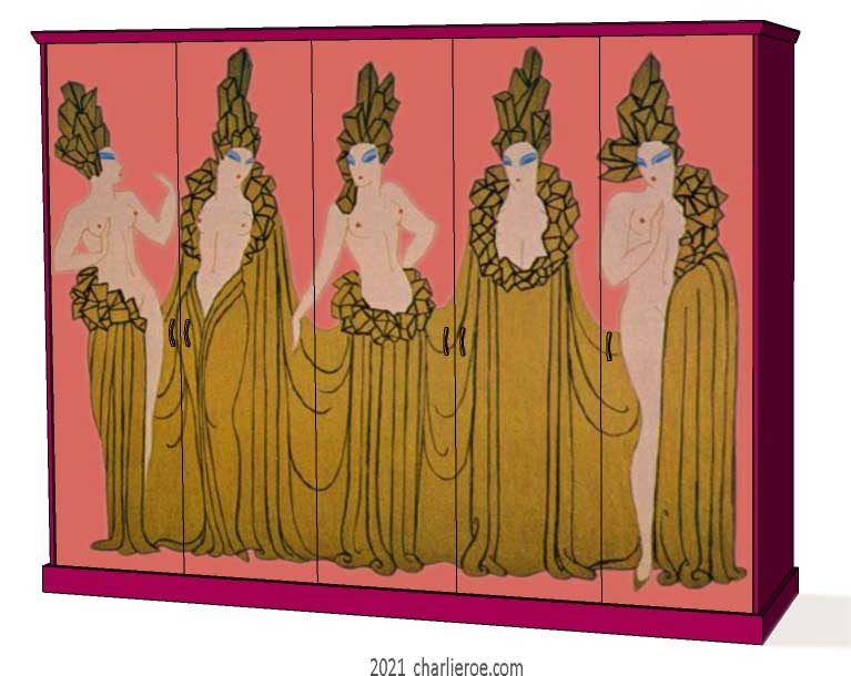 new Art Deco 5 door fitted bedroom wardrobes painted with Erte inspired decorative designs of women on a coloured background