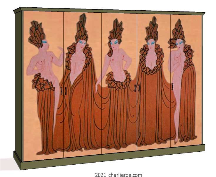 new Art Deco 5 door fitted bedroom wardrobes painted with Erte inspired decorative designs of women on a coloured background