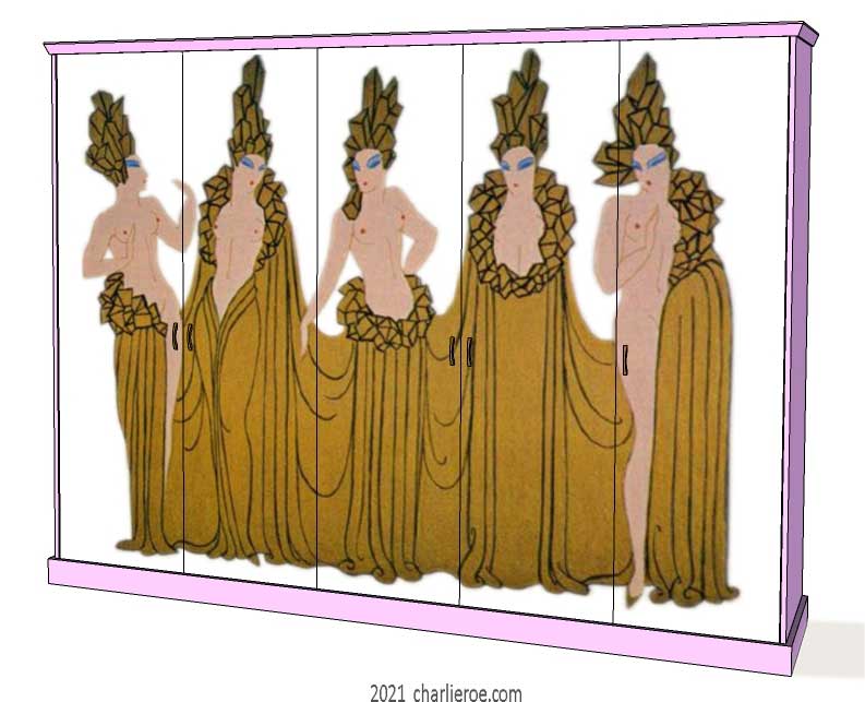 new Art Deco 5 door fitted bedroom wardrobes painted with Erte inspired decorative designs of women on a coloured background