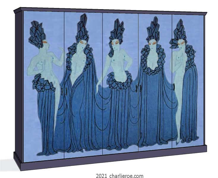 new Art Deco 5 door fitted bedroom wardrobes painted with Erte inspired decorative designs of women on a coloured background