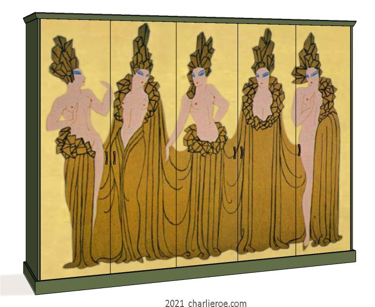new Art Deco 5 door bedroom wardrobes painted with Erte inspired decorative designs of women on a gold leaf background