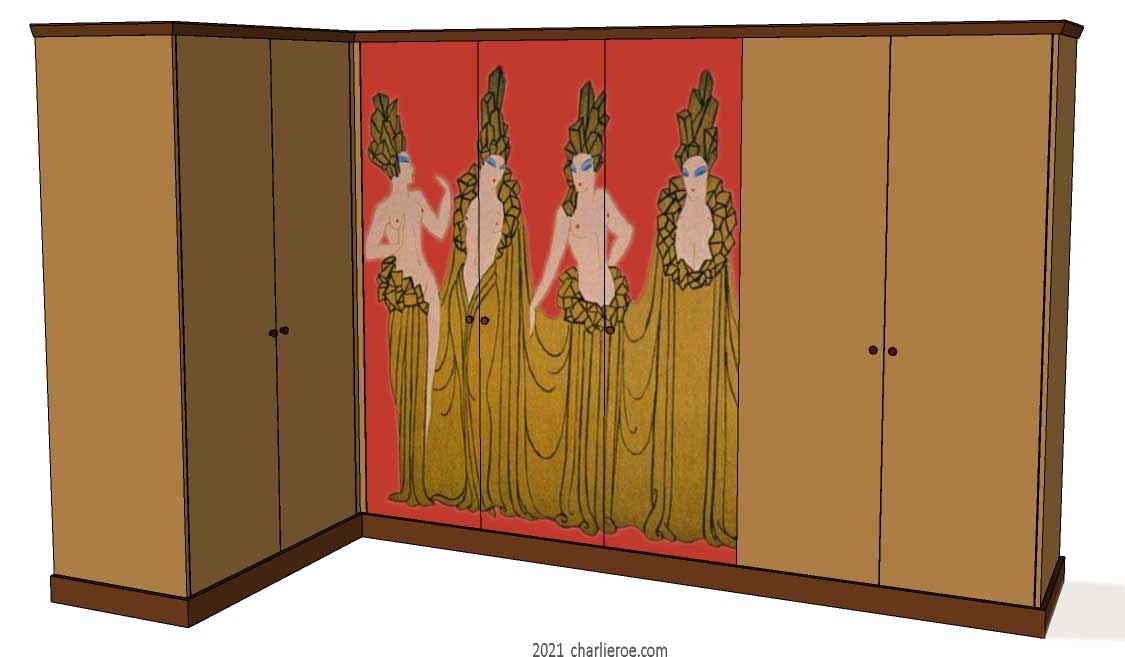 new Art Deco 7 door fitted corner bedroom wardrobes painted with Erte inspired decorative designs of women on a coloured background