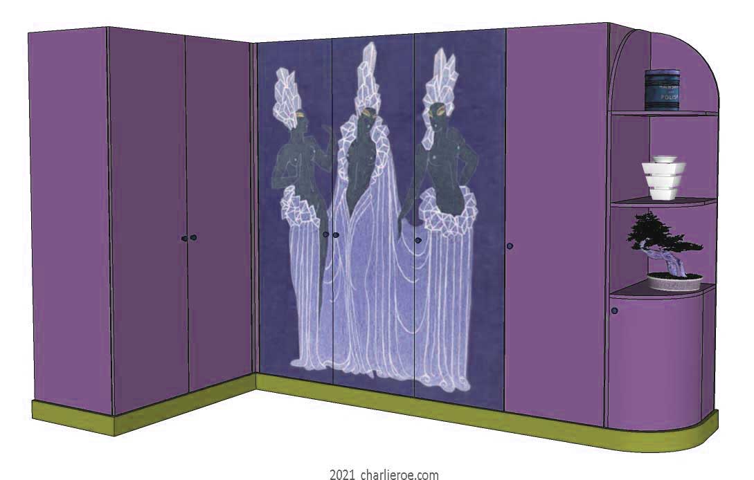 new Art Deco 6 door fitted corner bedroom wardrobes painted with Erte inspired decorative designs of women on a coloured background with end display shelves