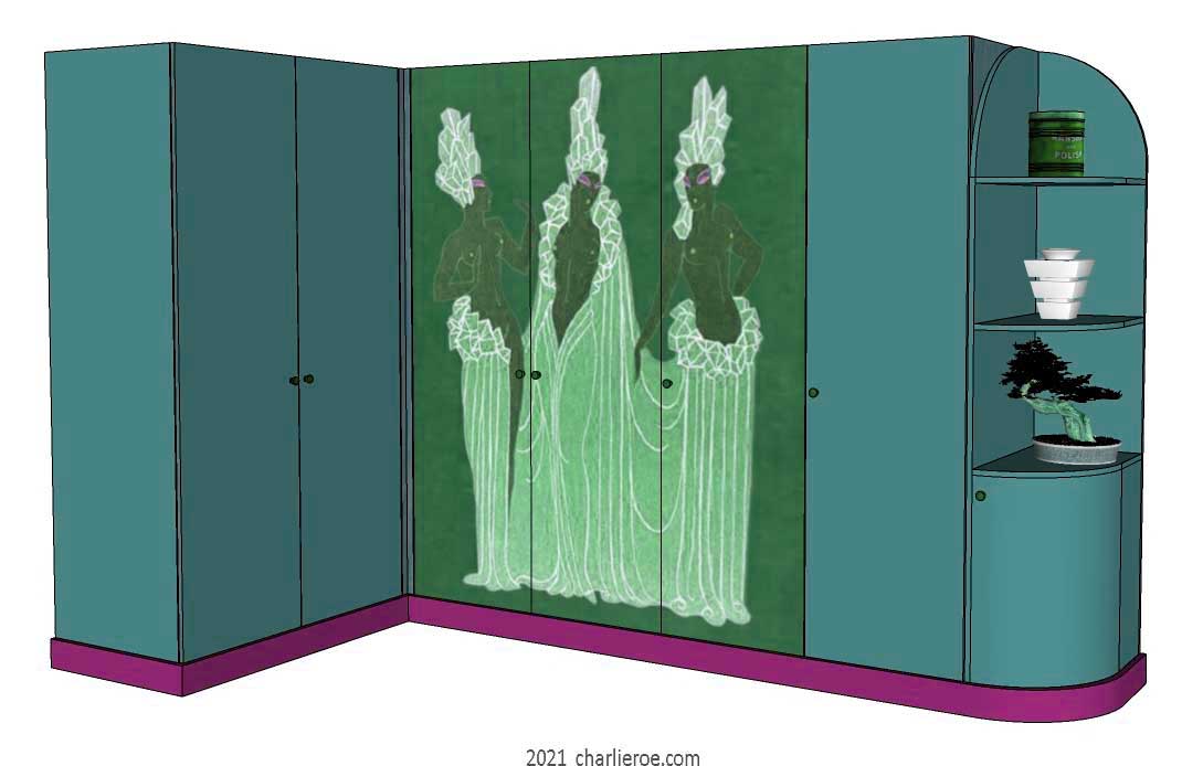 new Art Deco 6 door fitted corner bedroom wardrobes painted with Erte inspired decorative designs of women on a coloured backgroun with end display shelvesd