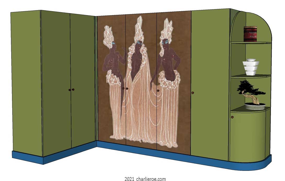 new Art Deco 6 door fitted corner bedroom wardrobes painted with Erte inspired decorative designs of women on a coloured background with end display shelves